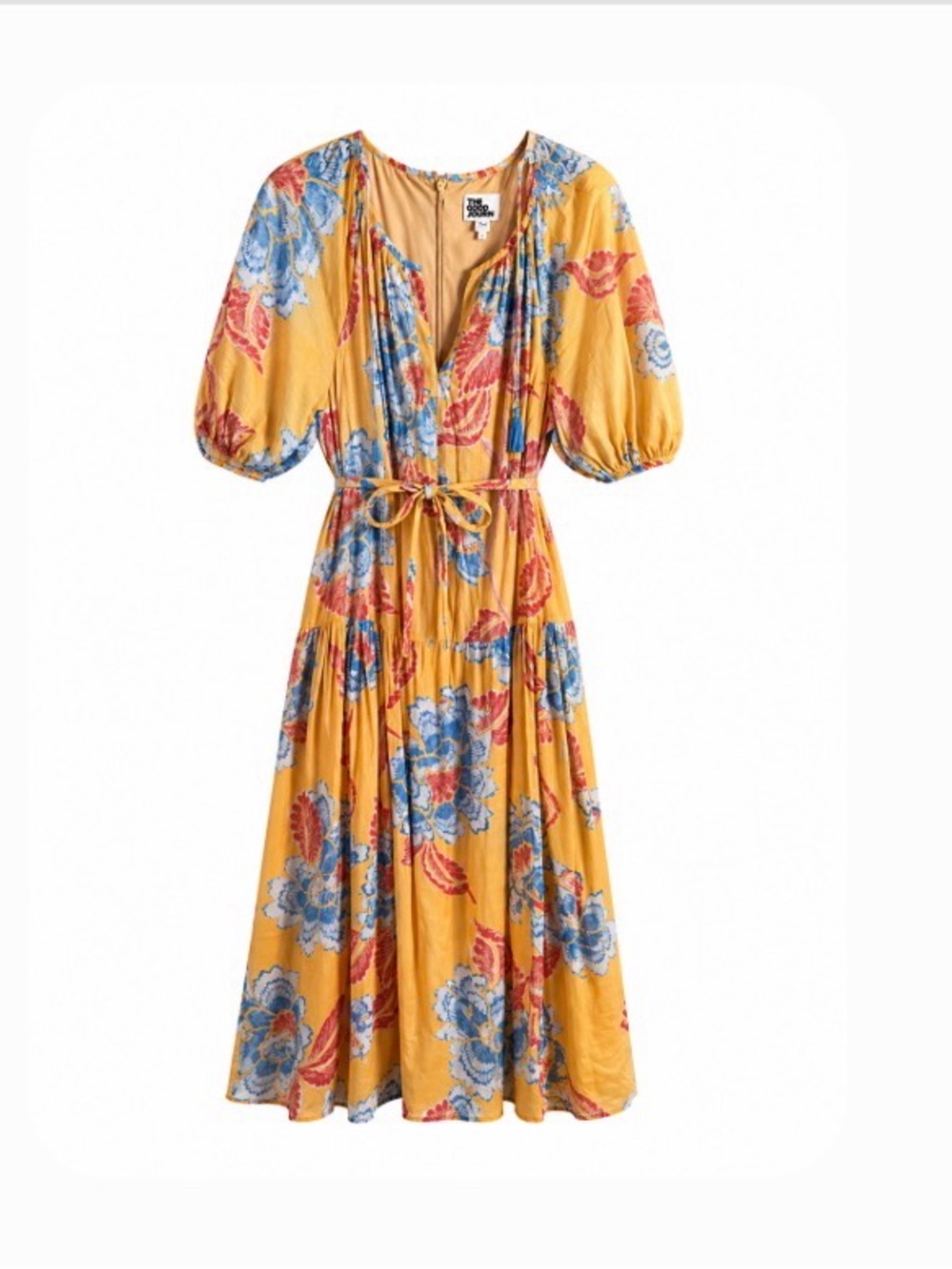 NWT - Yellow Floral Midi Dress with Puff Sleeves and Tie Waist